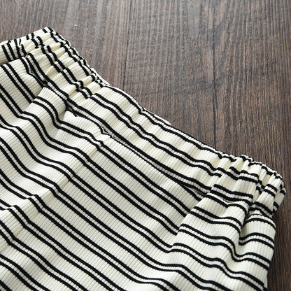 Children's Summer Outfit Set, Stylish Design with Pleated Stripe Strap Shorts Two-Piece Set, Casual Fashion for Girls