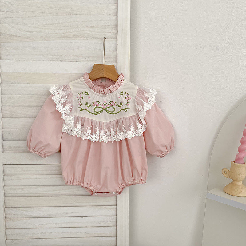 Baby Long Sleeve Romper with Lace Embroidery, Spring and Autumn New StyleFashion for Girls, Infant Bodysuit