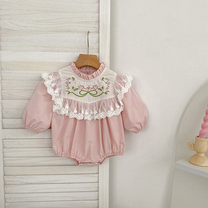 Baby Long Sleeve Romper with Lace Embroidery, Spring and Autumn New StyleFashion for Girls, Infant Bodysuit