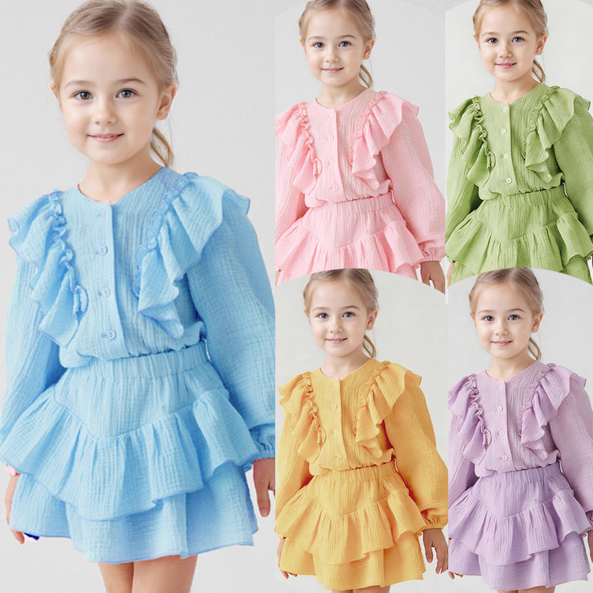 Ins Russian Girls' Cotton Off-Shoulder Sleeve Shirt + Lace Skirt, British Style Children's Two-Piece Set