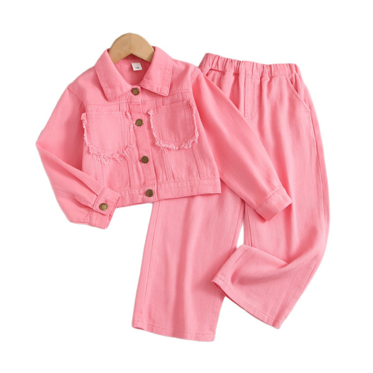 Fashionable Denim Jacket and Wide Leg Pants Two-Piece Set for Girls, Casual Style, Spring and Autumn Wear