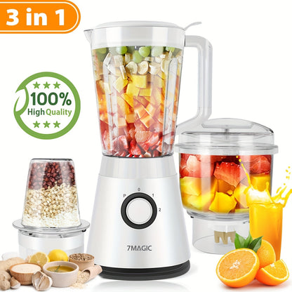 1500ML Large Capacity Blender | 3-in-1 Food Processor, Meat Grinder Chopper, Juicer for Home Kitchen and Vegetables, Healthy Juice, Smoothie, Sorbet, Milk Shake, Ice Slushie | Plastic, 220V-240V, 7MAGIC