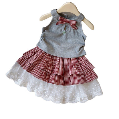 Summer Girls' Outfit Set New Bow Top with Checkered Lace Trim Layered Skirt Two-Piece Set