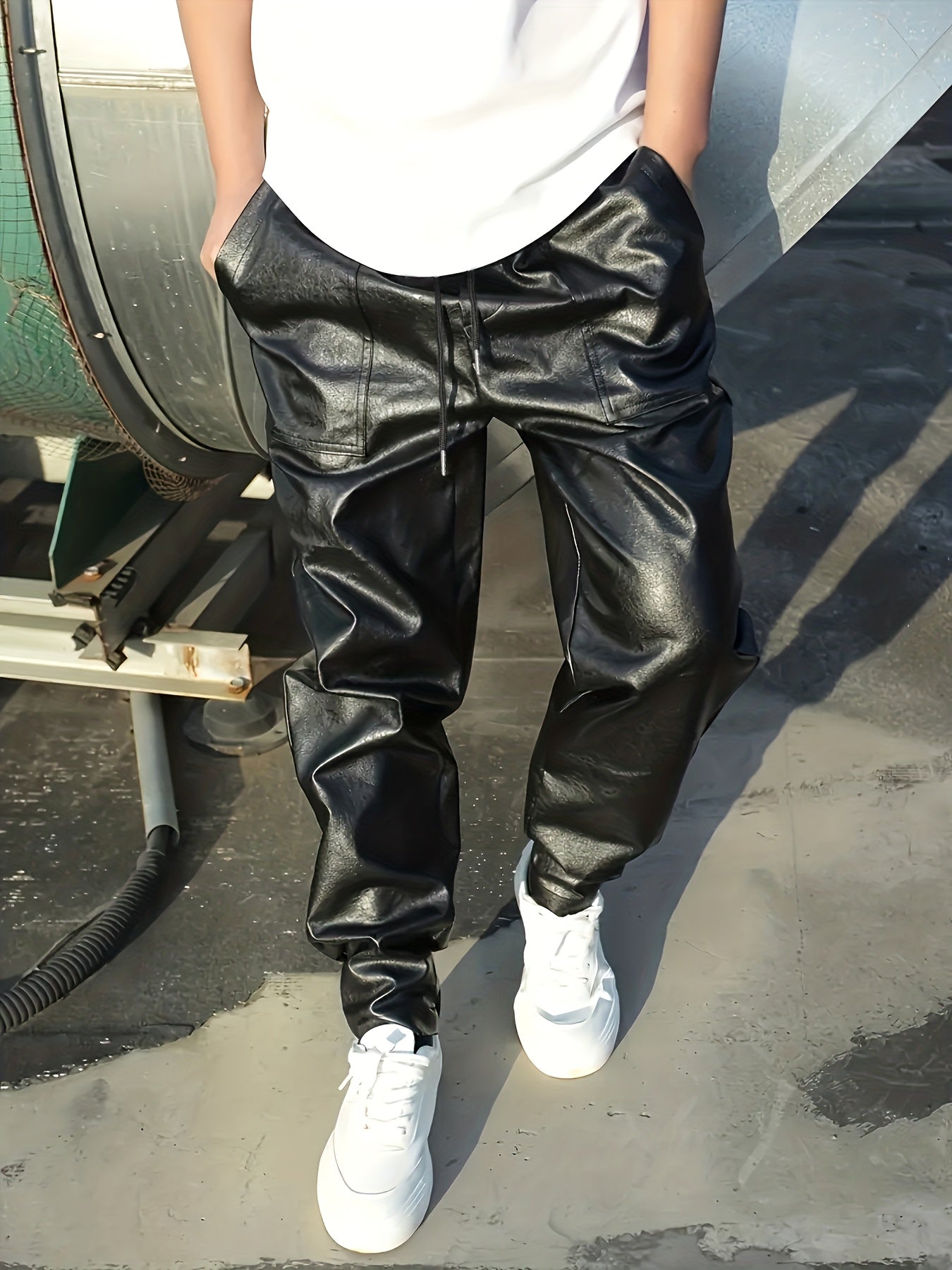 Men'S Space Leisure Pants - Elastic Waistband & Ankle Straps | Street Style Trousers, Solid Black | Regular Fit, Suitable for Spring And Autumn | Versatile Urban Style | Spring Fashion | Slim Design | Trendy Cut | Stylish Pan