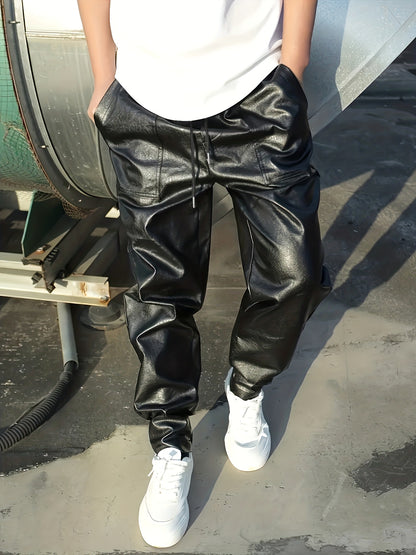 Men'S Space Leisure Pants - Elastic Waistband & Ankle Straps | Street Style Trousers, Solid Black | Regular Fit, Suitable for Spring And Autumn | Versatile Urban Style | Spring Fashion | Slim Design | Trendy Cut | Stylish Pan