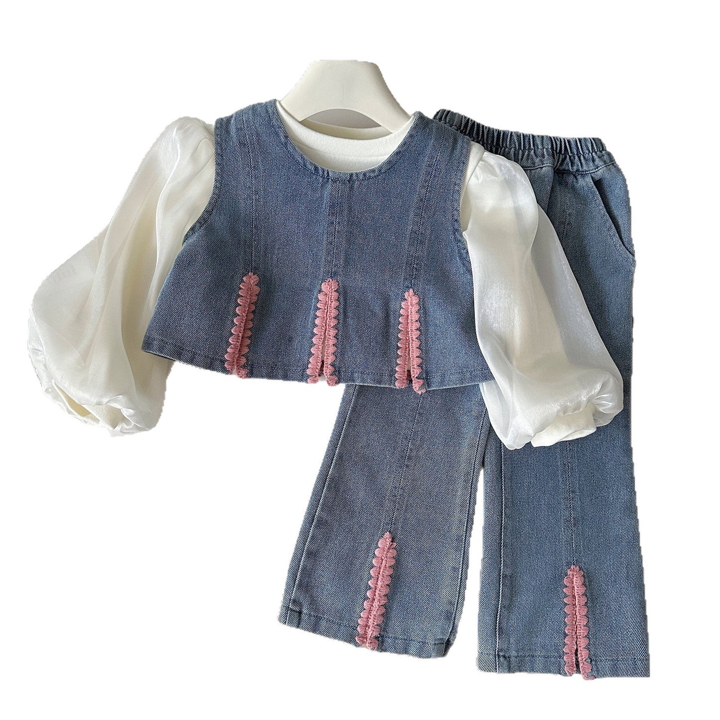 Charming Autumn New Three-Piece Set for Girls: Shirt + Denim Vest + Wide-Leg Pants