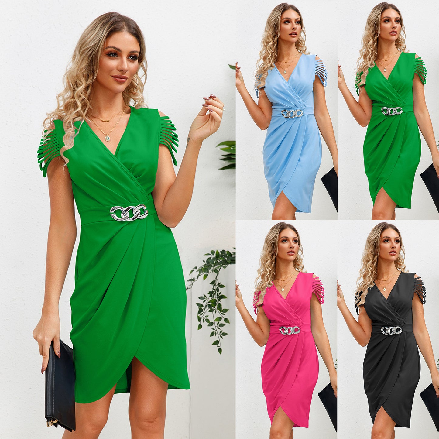 V-neck pleated waist cinched V-neck short sleeved dress