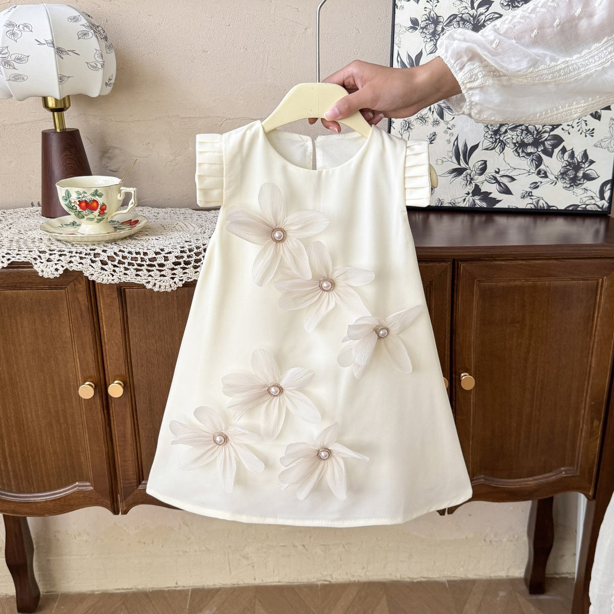 Flower Pleated Flutter Sleeve Long Dress for GirlsElegant and Beautiful, Summer Dress