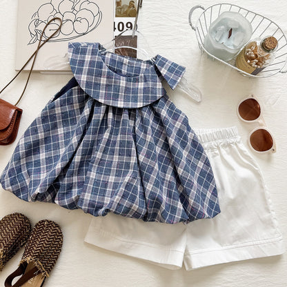 Chic Plaid Two-Piece Set for Girls Summer Sleeveless Top and Shorts  Children's Outfit
