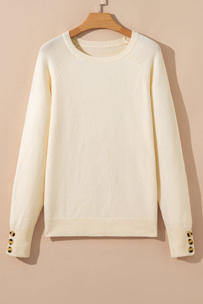 White Buttoned Bishop Sleeve Crew Neck Sweater