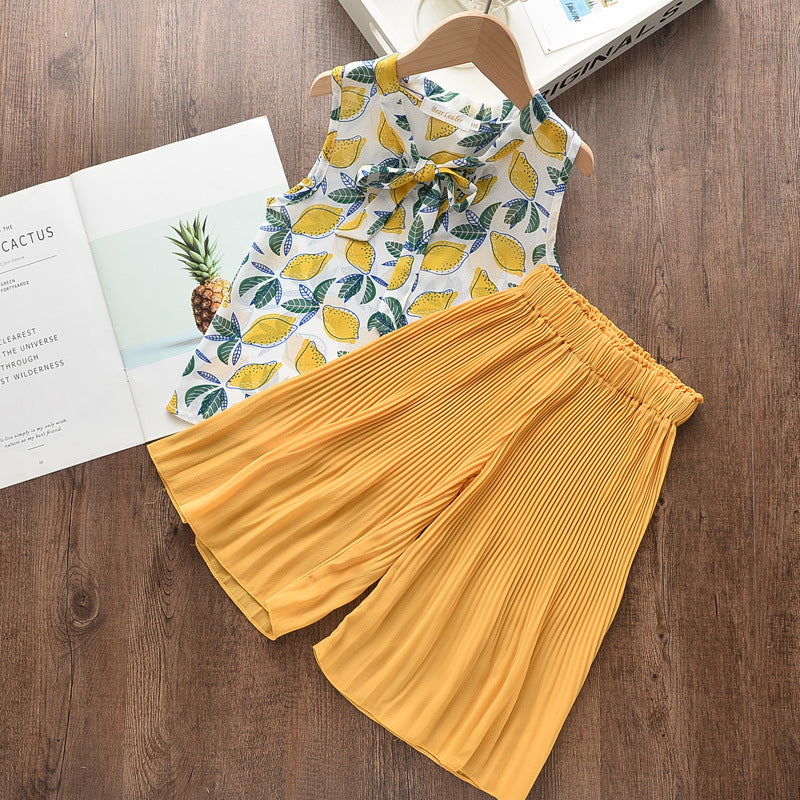 Korean Style Summer Lightweight Chiffon Sleeveless Blouse with Bow + Wide-Leg Pants Two-Piece Set for Kids