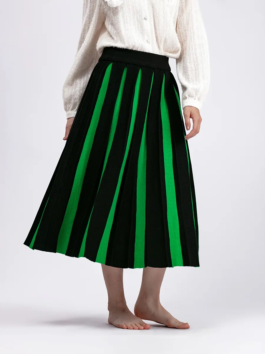 Knitted Long Skirt Women High Waist Black White Striped Contrast Color Sweater Skirt Faldas De Mujer Autumn Winter