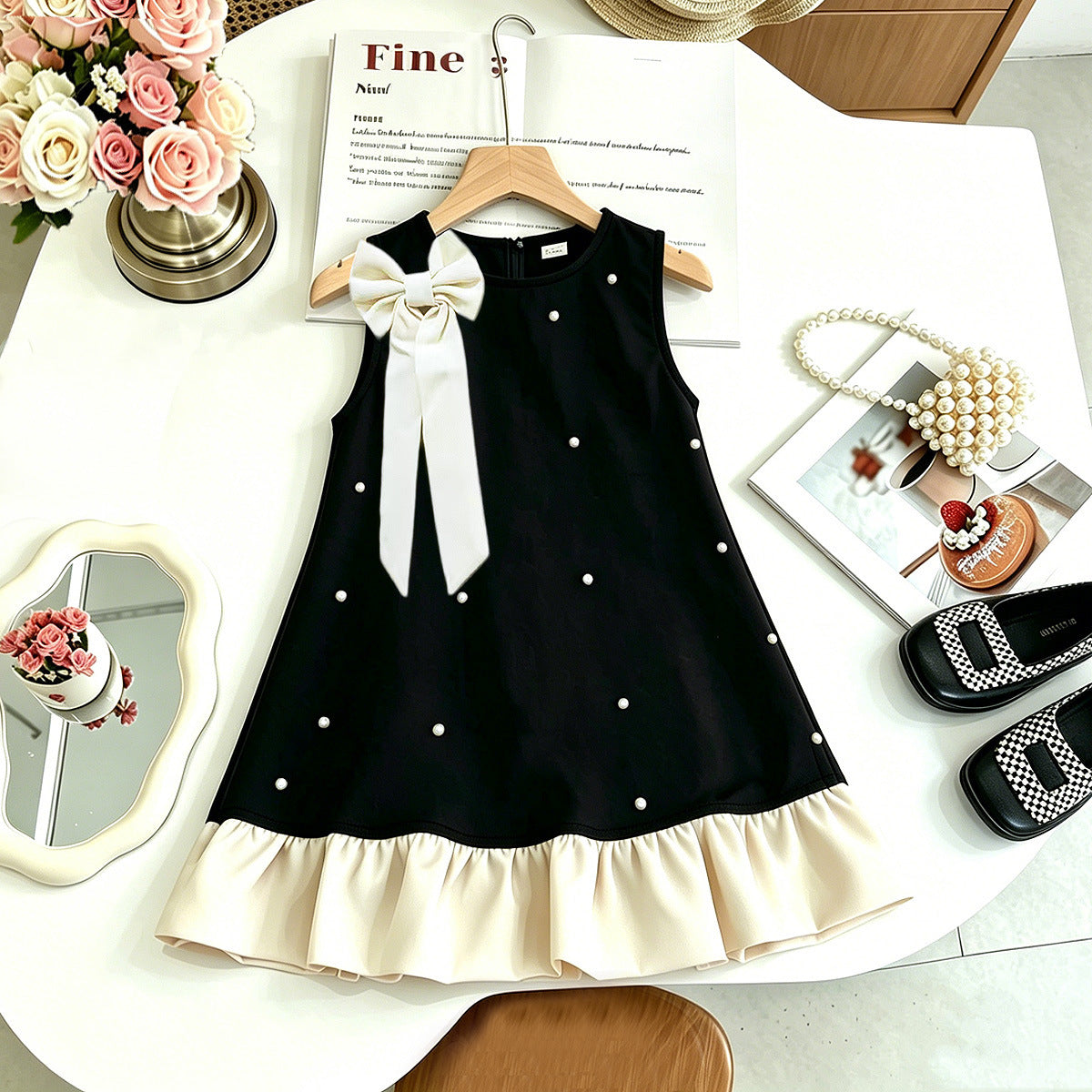 Charming Butterfly Knot Sleeveless Dress for Girls, Elegant Chic Style with Sparkling Rhinestones, Princess Dress, Summer Fashion Mini Dress