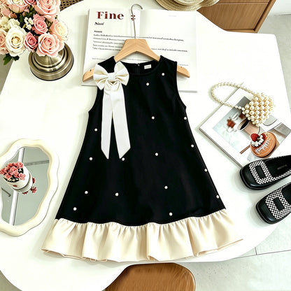 Charming Butterfly Knot Sleeveless Dress for Girls, Elegant Chic Style with Sparkling Rhinestones, Princess Dress, Summer Fashion Mini Dress