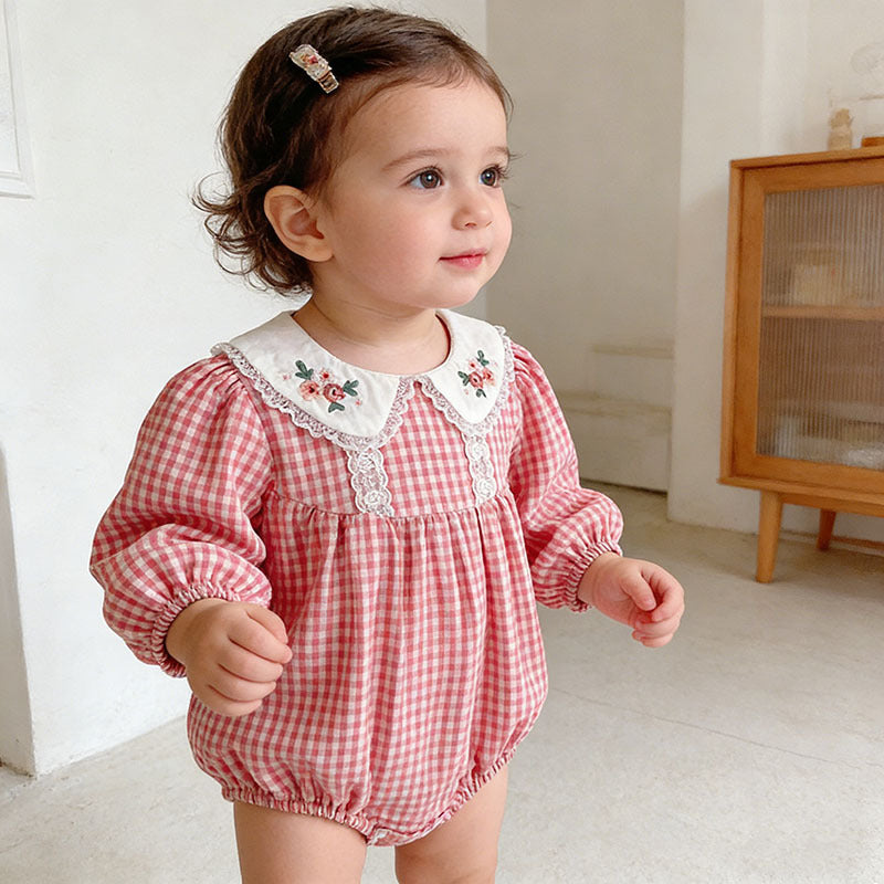 Baby Clothes Spring Autumn New Style Girl KPlaid Embroidered Collar Romper Cute Turn-down Collar Bodysuit Crawling Suit Cotton