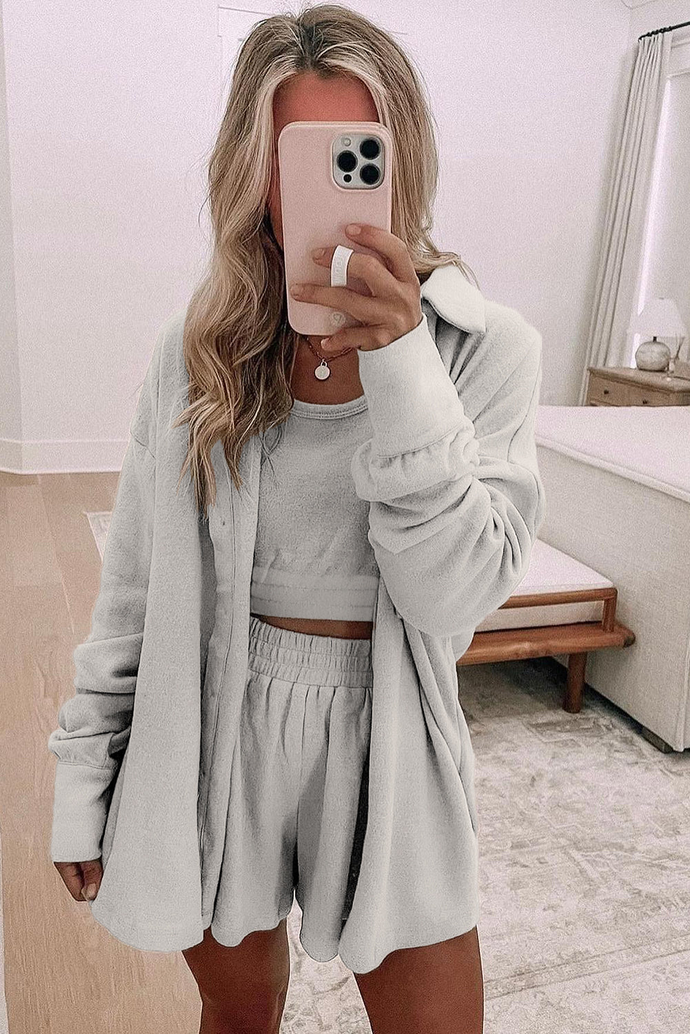 Gray 3 Pcs Crop Tank Top Shorts with Cardigan Lounge Set