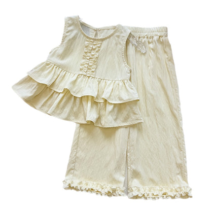 Cute Girls' Summer Outfit Set Sleeveless Ruffled Top and Wide Leg Pants Two-Piece Fashionable Baby Clothing Set