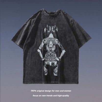 American Street Retro T-Shirt Japanese Ukiyo-e Tattoo Girl Short Sleeve Unisex Loose Trendy