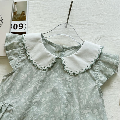 Cute Embroidered Peter Pan Collar Dress for Girls, Light Green Floral Print Flutter Sleeve Princess Dress