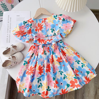 Backless Floral Print Children's Dress for Girls, Summer Bubble Sleeve Short Sleeve Dress, Vacation Dress