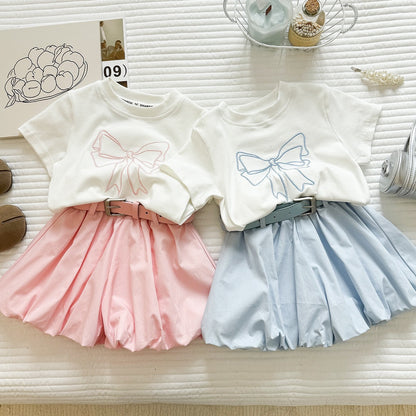 Summer Girl's Outfit Set New  Short Sleeve Bow T-Shirt and Bloomer Shorts Two-Piece Set