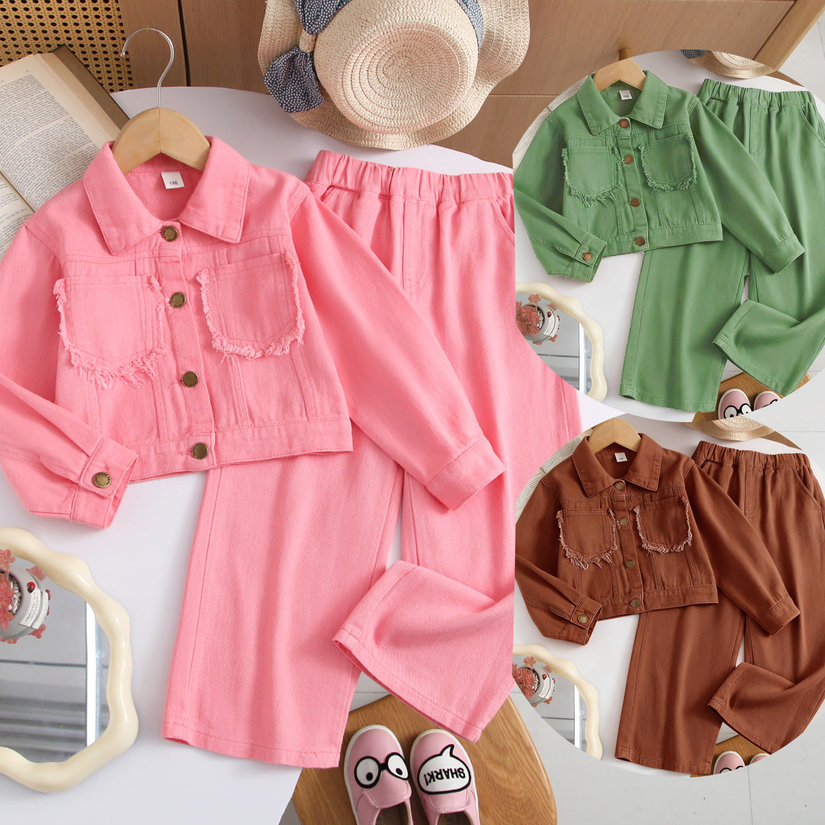 Fashionable Denim Jacket and Wide Leg Pants Two-Piece Set for Girls, Casual Style, Spring and Autumn Wear
