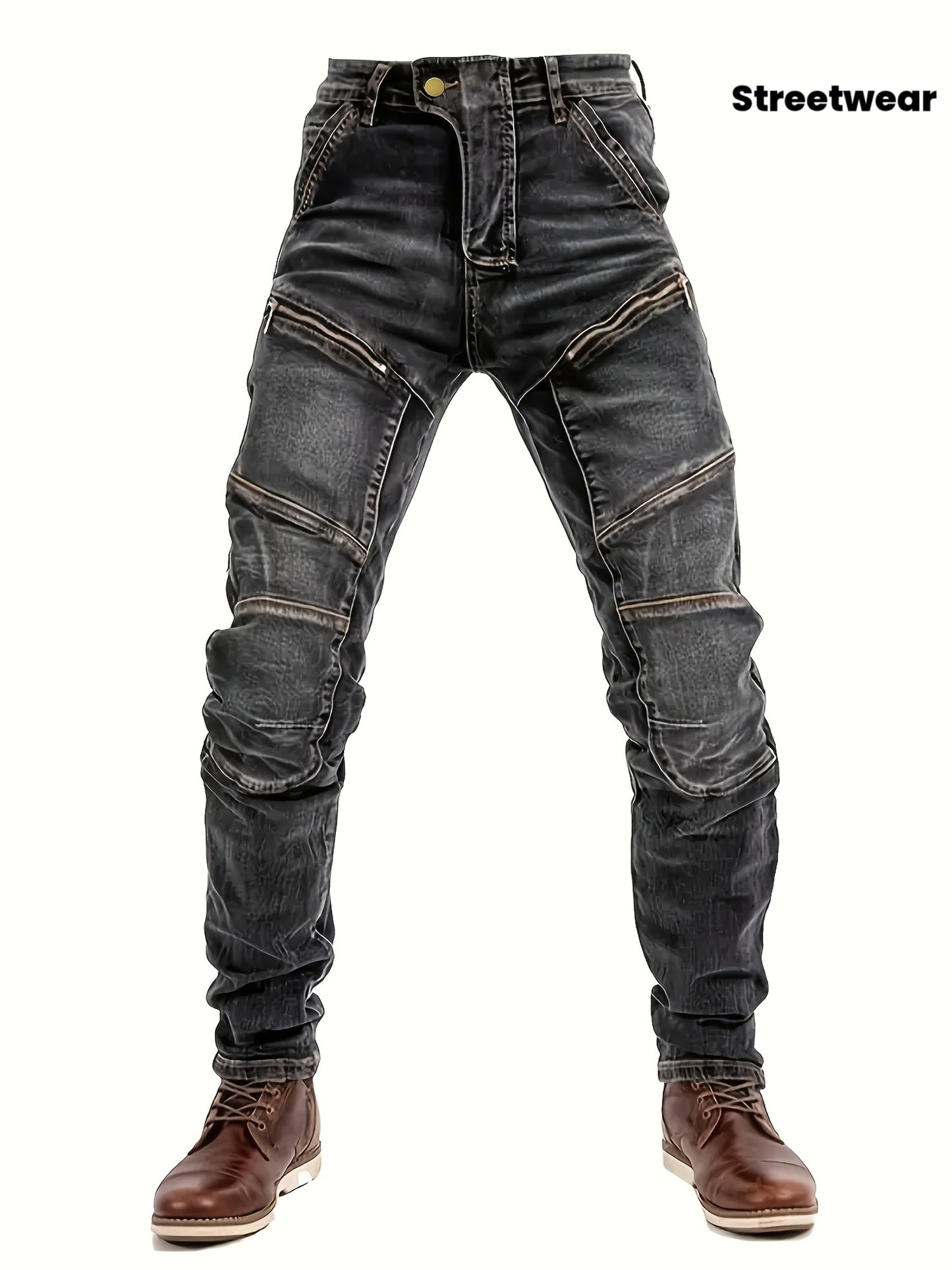 Men's Slim-Fit Black Straight-Leg Washed Pants - Streetwear Pants with Faux-Zipper Panel (No actual zip), Machine-Washable All-Season Wear for Jeans Suit & Casual Outfits - Non- Durable Fabric