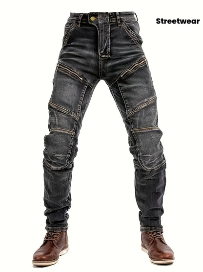 Men's Slim-Fit Black Straight-Leg Washed Pants - Streetwear Pants with Faux-Zipper Panel (No actual zip), Machine-Washable All-Season Wear for Jeans Suit & Casual Outfits - Non- Durable Fabric