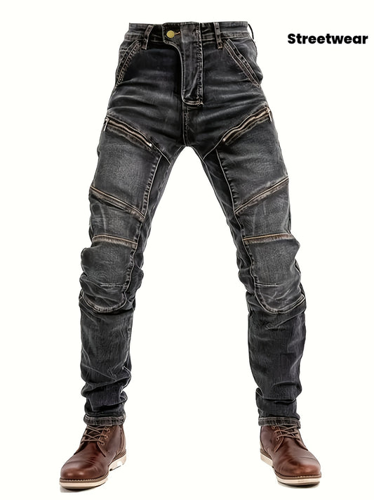 Men's Slim-Fit Black Straight-Leg Washed Pants - Streetwear Pants with Faux-Zipper Panel (No actual zip), Machine-Washable All-Season Wear for Jeans Suit & Casual Outfits - Non- Durable Fabric