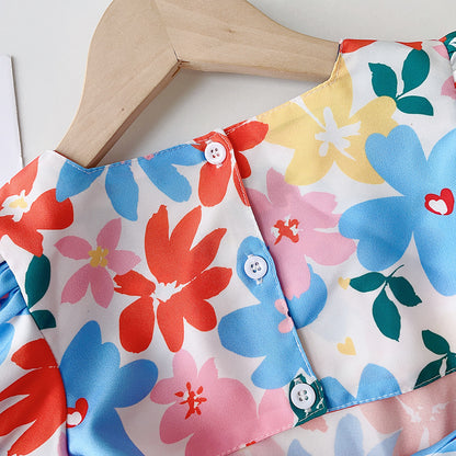 Backless Floral Print Children's Dress for Girls, Summer Bubble Sleeve Short Sleeve Dress, Vacation Dress