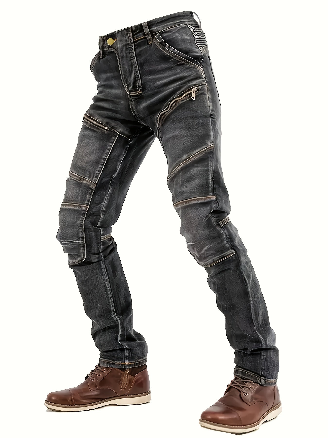 Men's Slim-Fit Black Straight-Leg Washed Pants - Streetwear Pants with Faux-Zipper Panel (No actual zip), Machine-Washable All-Season Wear for Jeans Suit & Casual Outfits - Non- Durable Fabric