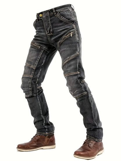 Men's Slim-Fit Black Straight-Leg Washed Pants - Streetwear Pants with Faux-Zipper Panel (No actual zip), Machine-Washable All-Season Wear for Jeans Suit & Casual Outfits - Non- Durable Fabric