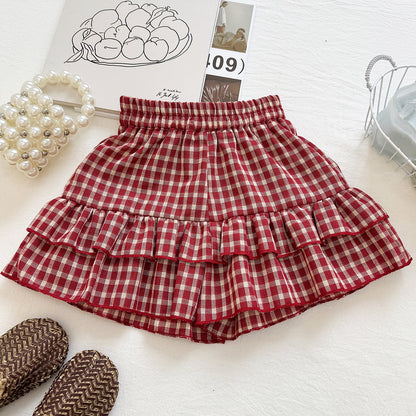 Summer Girls' Outfit Set Bow Polka Dot Sleeveless Top with Plaid Skirt Pants, Vintage Two-Piece Set
