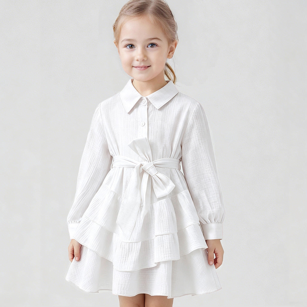 Ins Russian Girl Linen Fashion Ruffle Princess Dress JK Belted Elegant Turn-down Collar Dress