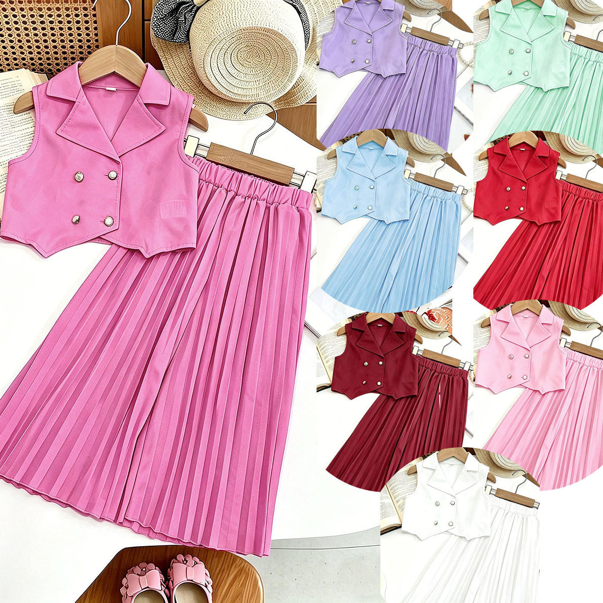 New Arrival Girls' Suit Set - Sleeveless Blouse + Wide Leg Pleated Pants Children's Outfit