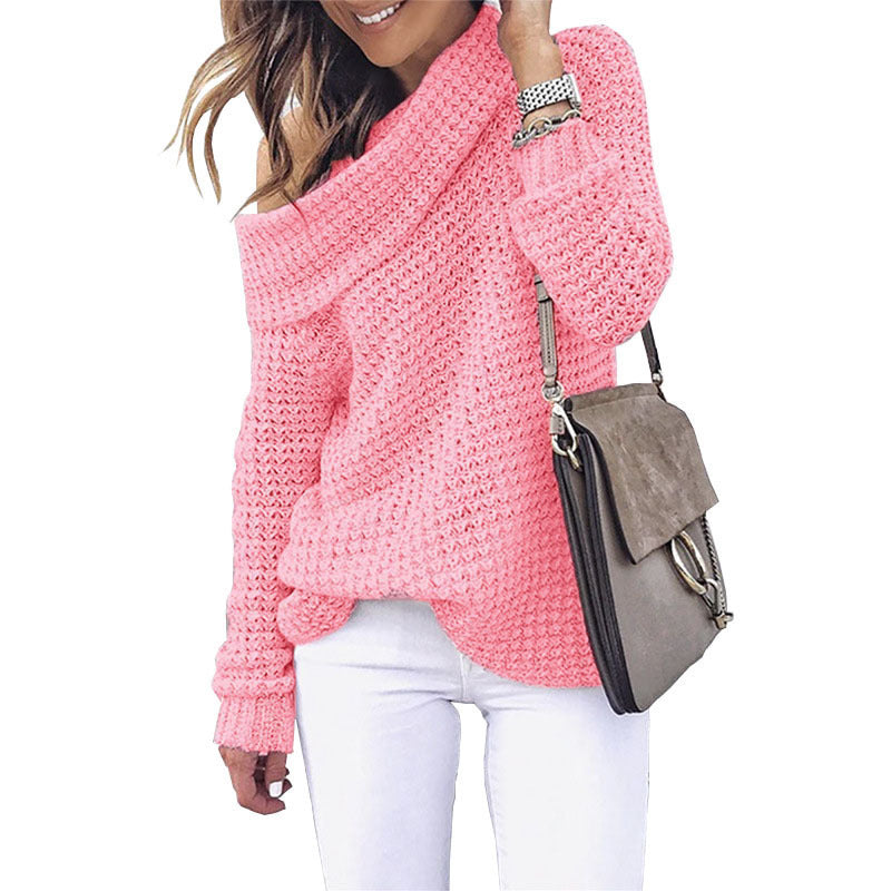 Chic Autumn/Winter Women's Solid Color High Neck Knit Sweater E Style Top