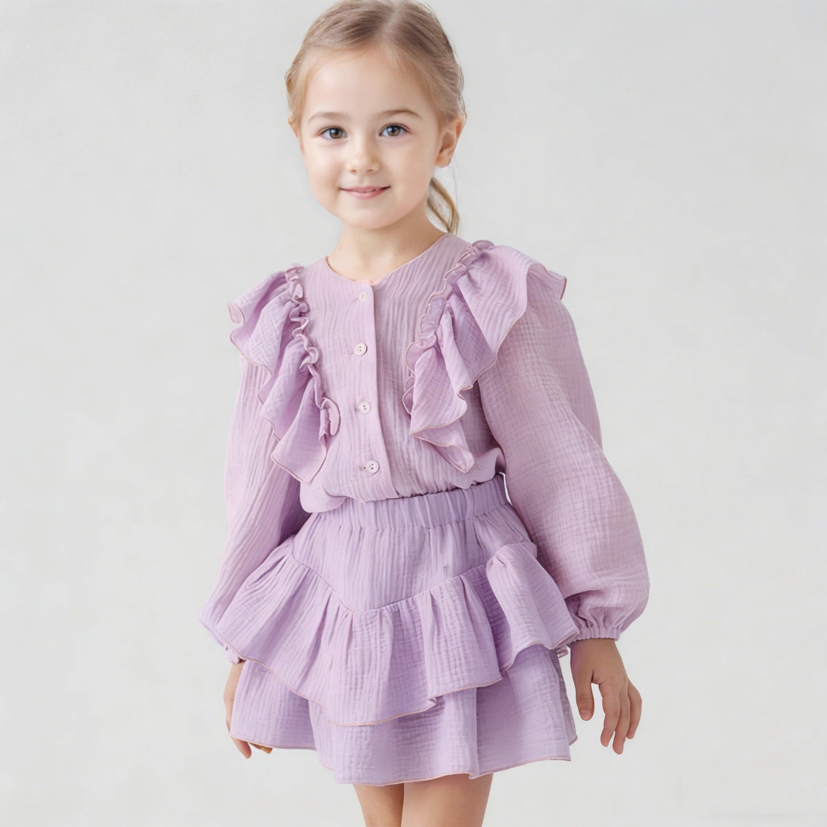 Ins Russian Girls' Cotton Off-Shoulder Sleeve Shirt + Lace Skirt, British Style Children's Two-Piece Set