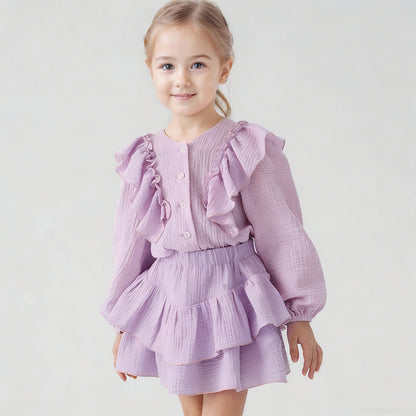 Ins Russian Girls' Cotton Off-Shoulder Sleeve Shirt + Lace Skirt, British Style Children's Two-Piece Set