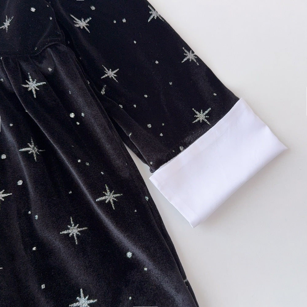 Clothing  Elegant Velvet Long Sleeve Dress with Glitter Star Print, Turn-Down Collar Princess Cut, Children's Formal Dress
