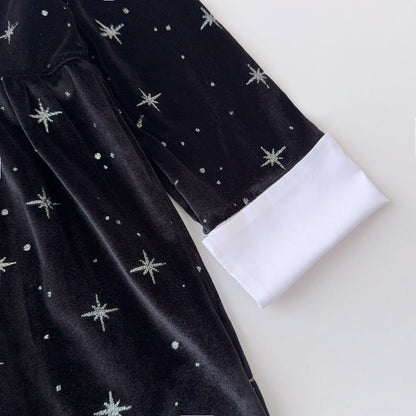 Clothing  Elegant Velvet Long Sleeve Dress with Glitter Star Print, Turn-Down Collar Princess Cut, Children's Formal Dress