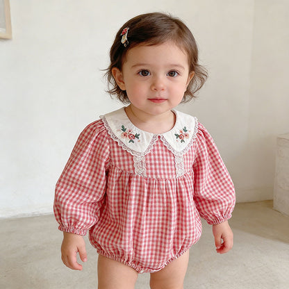 Baby Clothes Spring Autumn New Style Girl KPlaid Embroidered Collar Romper Cute Turn-down Collar Bodysuit Crawling Suit Cotton