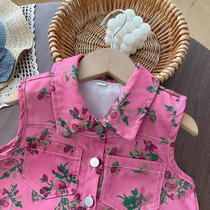 Cute Sleeveless Printed Top with Shorts Two-Piece Set for Girls Summer Fashion Kids Outfit