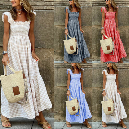 Robe à bretelles patchwork à carreaux chic pour femme, avec taille élastiquée et coupe évasée