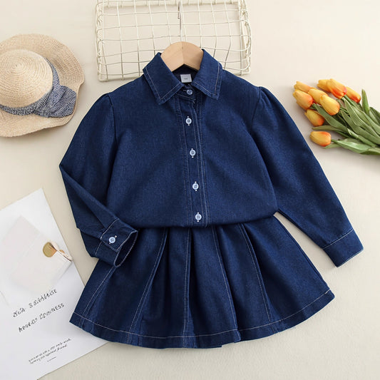 Fall New Girls' Denim Set: Turn-down Collar Denim Shirt with Pleated Skirt Two-piece Set
