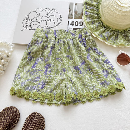 Summer Girls' Set Geometric Print Flutter Sleeve Shorts Vacation Style Two-Piece Set