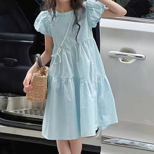 Charming Children's Summer Dress for Girls with Bubble SleevesFashionable Kids Clothing