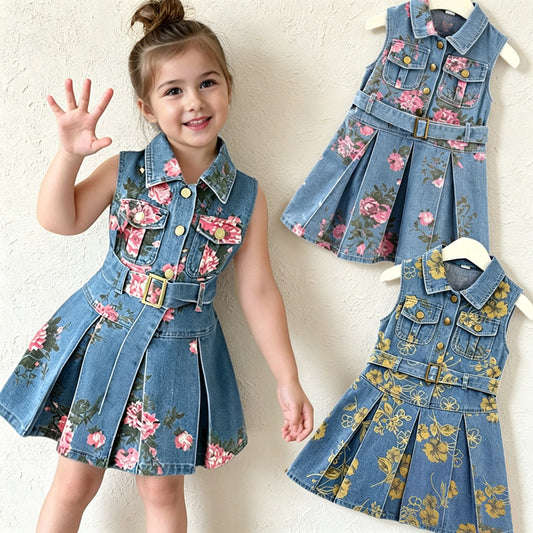 Girls' Sleeveless Denim Dress with Floral Print, High-Waisted Turn-Down Collar, Lightweight Backless Dress, Fashion Style