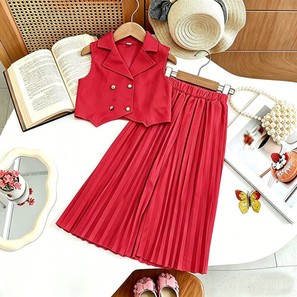 New Arrival Girls' Suit Set - Sleeveless Blouse + Wide Leg Pleated Pants Children's Outfit