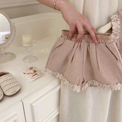 Cute Girl's Summer Outfit Set, Fashionable Ruffle Tank Top and Shorts Casual Two-Piece Set