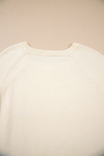 White Buttoned Bishop Sleeve Crew Neck Sweater